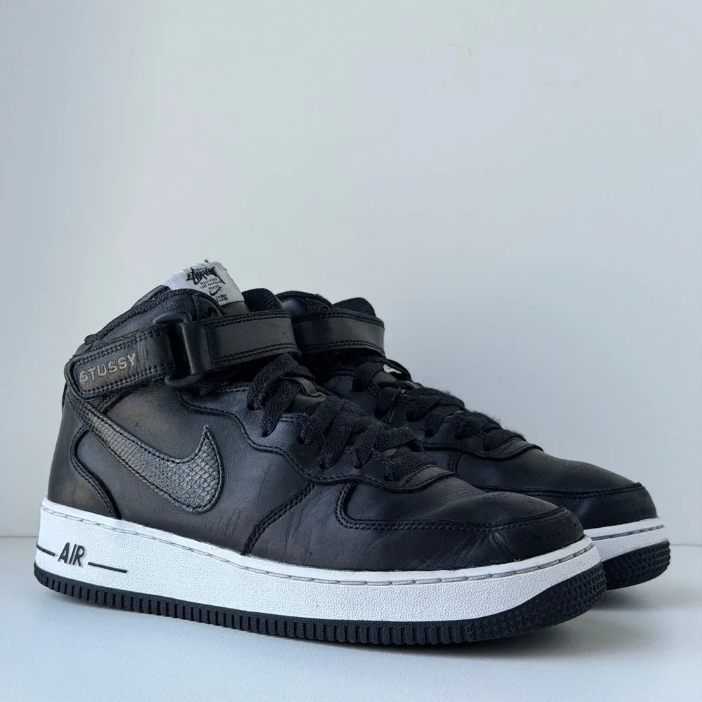 Stussy x Nike Air Force 1 Mid Mens 6 Black Snakeskin Retro Leather Sneakers